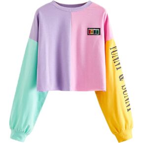 SweatyRocks Women's Letter Print Color Block Crop Sweatshirt Long Sleeve Pullover Tops