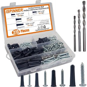 ISPINNER 273 قطعة من مسامير تثبيت الجدار الخرسانية المخروطية، مجموعة متنوعة من رؤوس المثقاب، 135 قطعة مرساة و135 قطعة من براغي التنصت مع 3 قطع من رؤوس مثقاب البناء (أزرق داكن) in Kuwait