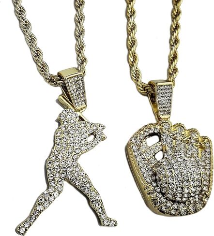Iced Lab Diamond Gold Plated Baseball Hitter & Glove Pendant & 4mm 24" Rope Chain Hip Hop Jewelry Necklace in Saudi Arabia