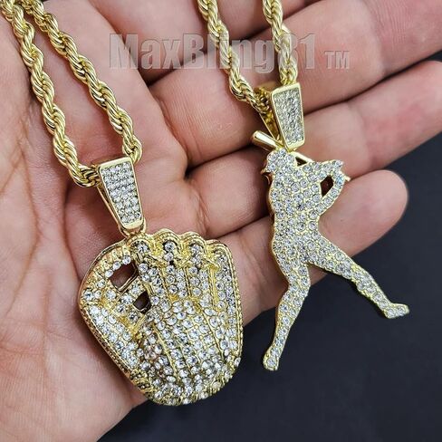 Iced Lab Diamond Gold Plated Baseball Hitter & Glove Pendant & 4mm 24" Rope Chain Hip Hop Jewelry Necklace in Saudi Arabia