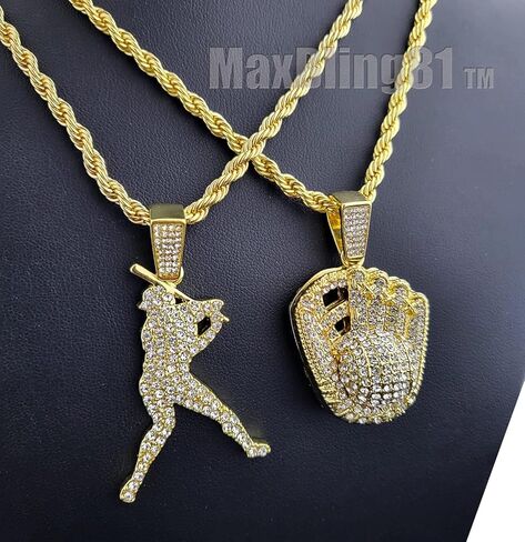 Iced Lab Diamond Gold Plated Baseball Hitter & Glove Pendant & 4mm 24" Rope Chain Hip Hop Jewelry Necklace in Saudi Arabia