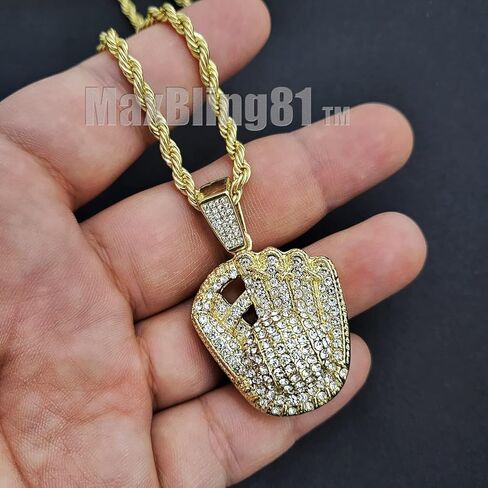 Iced Lab Diamond Gold Plated Baseball Hitter & Glove Pendant & 4mm 24" Rope Chain Hip Hop Jewelry Necklace in Saudi Arabia