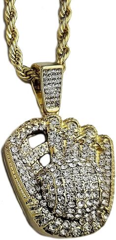 Iced Lab Diamond Gold Plated Baseball Hitter & Glove Pendant & 4mm 24" Rope Chain Hip Hop Jewelry Necklace in Saudi Arabia