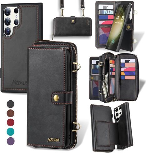 for Samsung Galaxy S24 Ultra Wallet Case,Multi-Function Wallet Case, Detachable 3 in 1 Magnetic Galaxy S24 Ultra Case Wallet,Flip Strap Zipper Card Holder Phone Case with Shoulder Straps(Black) in Saudi Arabia