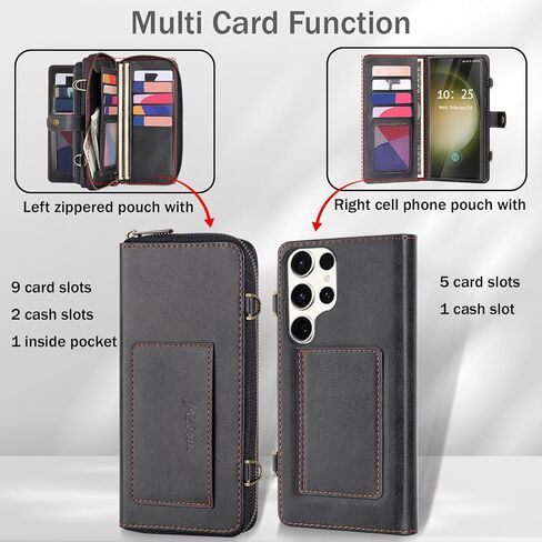 for Samsung Galaxy S24 Ultra Wallet Case,Multi-Function Wallet Case, Detachable 3 in 1 Magnetic Galaxy S24 Ultra Case Wallet,Flip Strap Zipper Card Holder Phone Case with Shoulder Straps(Black) in Saudi Arabia
