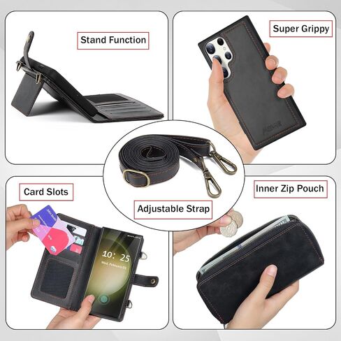 for Samsung Galaxy S24 Ultra Wallet Case,Multi-Function Wallet Case, Detachable 3 in 1 Magnetic Galaxy S24 Ultra Case Wallet,Flip Strap Zipper Card Holder Phone Case with Shoulder Straps(Black) in Saudi Arabia