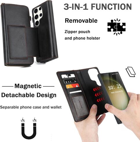 for Samsung Galaxy S24 Ultra Wallet Case,Multi-Function Wallet Case, Detachable 3 in 1 Magnetic Galaxy S24 Ultra Case Wallet,Flip Strap Zipper Card Holder Phone Case with Shoulder Straps(Black) in Saudi Arabia