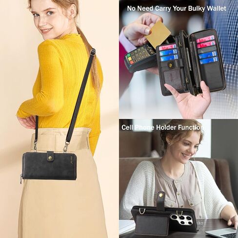 for Samsung Galaxy S24 Ultra Wallet Case,Multi-Function Wallet Case, Detachable 3 in 1 Magnetic Galaxy S24 Ultra Case Wallet,Flip Strap Zipper Card Holder Phone Case with Shoulder Straps(Black) in Saudi Arabia