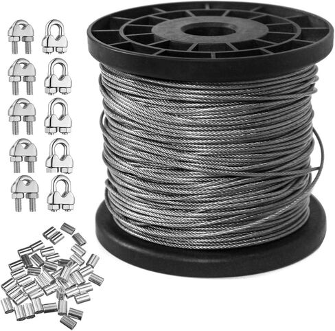 طقم حبل سلكي مطلي بالفينيل بطول 328 قدمًا، وقطر 1/16 بوصة، وكابل سلك من الفولاذ المقاوم للصدأ 304، حبلا 7 × 7 مع 50 قطعة من حلقة تجعيد الألومنيوم و10 قطع مشبك in Kuwait