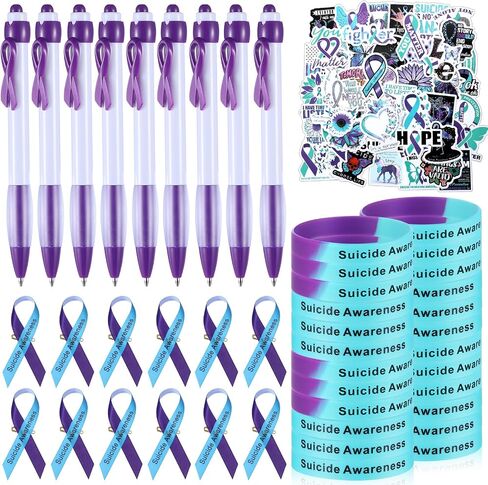 250 Pcs Suicide Prevention Awareness Kit 50 Silicone Wristband Bracelet 50 Awareness Ribbon 50 Pins 50 Purple Ribbon Retractable Pen 50 Suicide Awareness Stickers for Charity Events Party in Saudi Arabia