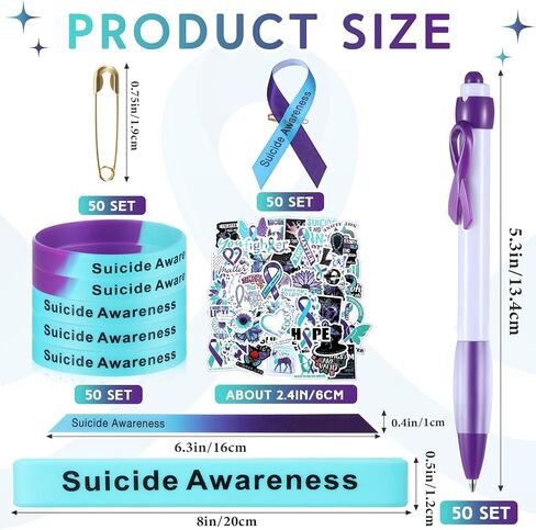 250 Pcs Suicide Prevention Awareness Kit 50 Silicone Wristband Bracelet 50 Awareness Ribbon 50 Pins 50 Purple Ribbon Retractable Pen 50 Suicide Awareness Stickers for Charity Events Party in Saudi Arabia