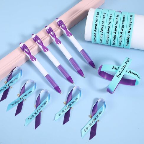 250 Pcs Suicide Prevention Awareness Kit 50 Silicone Wristband Bracelet 50 Awareness Ribbon 50 Pins 50 Purple Ribbon Retractable Pen 50 Suicide Awareness Stickers for Charity Events Party in Saudi Arabia