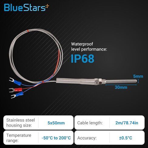 BlueStars RTD PT100 Temperature Sensor Probe - 3-Wire Digital Stainless Steel 5x50mm Temperature Sensor 2m/78.74in Long - Measure Range -20°C to 420°C - Waterproof, Oil-Proof and Anti-Corrosion in Saudi Arabia