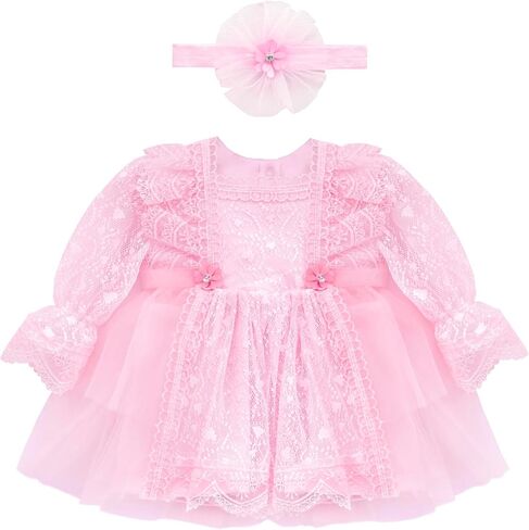 Lilax Baby Girls' Lace Floral Embroidered Dress, Christening Baptism Dress in Saudi Arabia