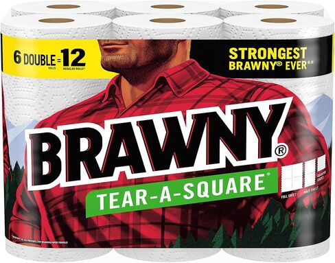 Brawny Tear-A-Square Paper Towels, 6 Double Rolls = 12 Regular Rolls, 3 Sheet Sizes (Quarter, Half, Full), Strength for All Messes, Cleanups, and Meal Prep in Saudi Arabia
