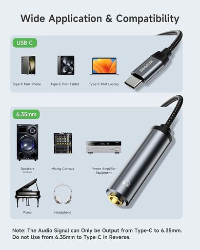 ZOOAUX USB نوع C إلى 1/4 محول سماعة رأس USB C إلى 6.35 ملم أنثى Aux محول صوت ستيريو جاك محول لمكبرات الصوت، الخلاط، المسرح المنزلي، الهواتف الذكية، الكمبيوتر المحمول، سماعات 6.35 ملم - 1 قدم in Kuwait