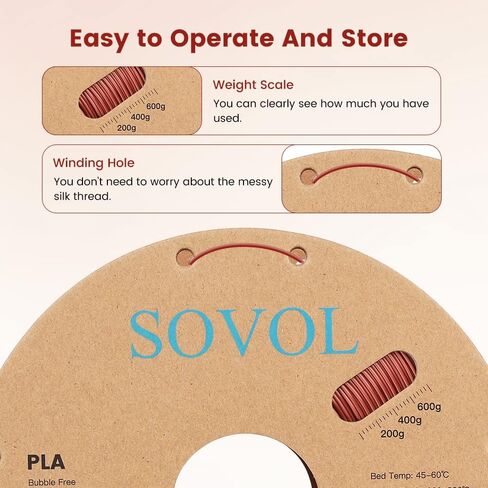 Sovol Silk PLA Filament 1.75mm for 3D Printer, Shiny 3D Printing Material, Wiring Tightness, Dimensional Accuracy +/- 0.03 mm, 1KG (2.2 lbs), Bronze in Saudi Arabia