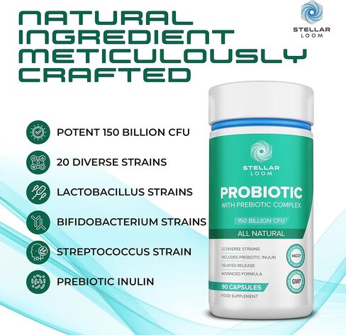 150 Billion CFU Probiotic & Prebiotics Complex for Gut Health - 20 Diverse Gut-Friendly Bacterial Cultures | 90 Vegan & Gluten-Free Capsules - 3 Months Supply in Saudi Arabia