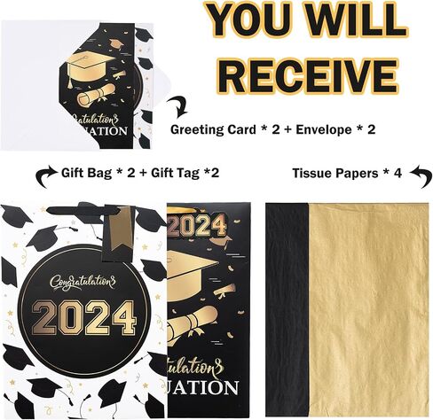 WRAPAHOLIC 16.5" Extra Large 2024 Graduation Gift Bag with Card and Tissue Paper -2 Pack Pink Gold Class of 2024 in Saudi Arabia