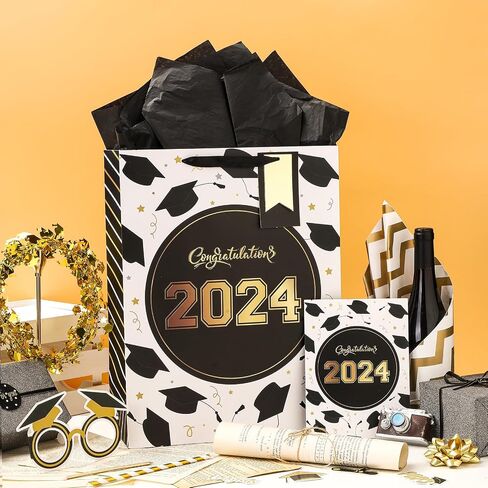 WRAPAHOLIC 16.5" Extra Large 2024 Graduation Gift Bag with Card and Tissue Paper -2 Pack Pink Gold Class of 2024 in Saudi Arabia