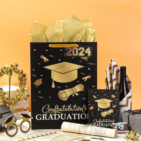 WRAPAHOLIC 16.5" Extra Large 2024 Graduation Gift Bag with Card and Tissue Paper -2 Pack Pink Gold Class of 2024 in Saudi Arabia