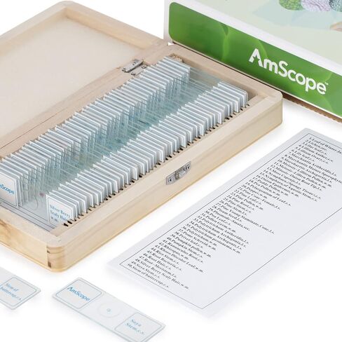 AmScope - 50 قطعة من عينات شرائح المجهر الزجاجي المجهزة لعلم النبات مع علبة خشبية - PS50W-BTN in Saudi Arabia