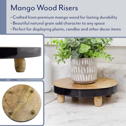 AuldHome Farmhouse Round Wooden Risers (Set of 2, White Trim), Rustic Decorative Risers for Display with Natural Mango Wood and Enamel Trim in Saudi Arabia