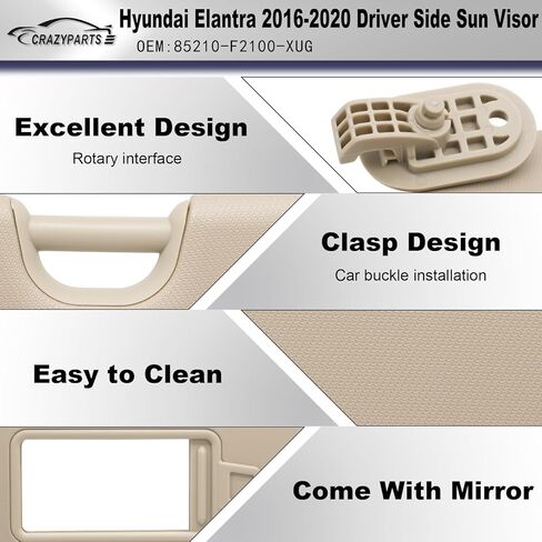 Driver Left & Passenger Right Sun Visor Compatible with Hyundai Elantra 2016-2020 without Sunroof Replaces# 85210-F2100-TTX 85220-F2100-TTX Color Gray in Kuwait