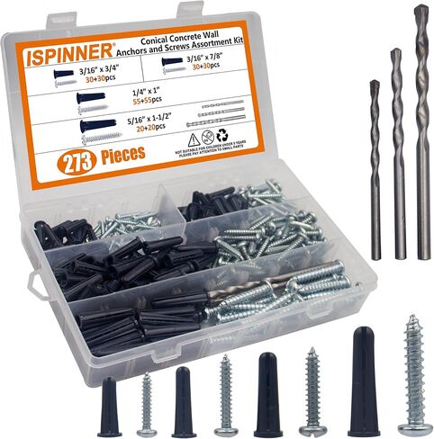 ISPINNER 273 قطعة من مسامير تثبيت الجدار الخرسانية المخروطية، مجموعة متنوعة من رؤوس المثقاب، 135 قطعة مرساة و135 قطعة من براغي التنصت مع 3 قطع من رؤوس مثقاب البناء (أزرق داكن) in Kuwait