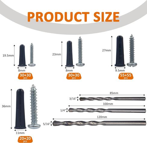 ISPINNER 273 قطعة من مسامير تثبيت الجدار الخرسانية المخروطية، مجموعة متنوعة من رؤوس المثقاب، 135 قطعة مرساة و135 قطعة من براغي التنصت مع 3 قطع من رؤوس مثقاب البناء (أزرق داكن) in Kuwait