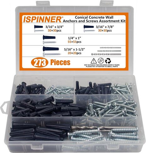 ISPINNER 273 قطعة من مسامير تثبيت الجدار الخرسانية المخروطية، مجموعة متنوعة من رؤوس المثقاب، 135 قطعة مرساة و135 قطعة من براغي التنصت مع 3 قطع من رؤوس مثقاب البناء (أزرق داكن) in Kuwait
