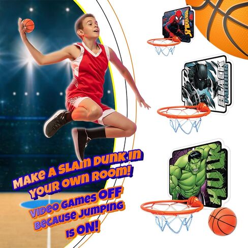 JA-RU Marvel Legends Basketball Hoop Indoor Set with Ball (3 Units Assorted) Superhero Avengers Spiderman Black Panther & Hulk Basket Ball Goal Net. Self Adhesive for Wall or Door. Spid-6822-3s in Saudi Arabia
