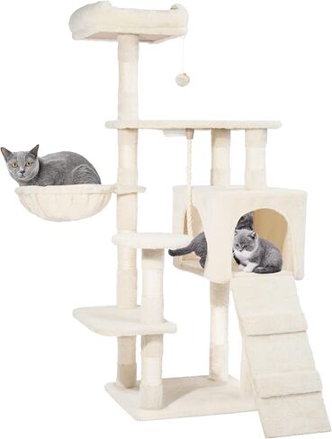 Hawsaiy Multi Level 51 inch Cat Tree Tower for Indoor Cat with Cat Condo, Scratching Sisal Posts,Hammock, Ladder and Feeding Bowl Beige in Saudi Arabia