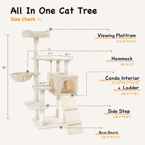 Hawsaiy Multi Level 51 inch Cat Tree Tower for Indoor Cat with Cat Condo, Scratching Sisal Posts,Hammock, Ladder and Feeding Bowl Beige in Saudi Arabia