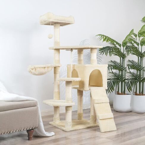 Hawsaiy Multi Level 51 inch Cat Tree Tower for Indoor Cat with Cat Condo, Scratching Sisal Posts,Hammock, Ladder and Feeding Bowl Beige in Saudi Arabia