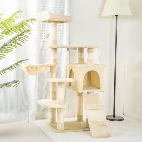 Hawsaiy Multi Level 51 inch Cat Tree Tower for Indoor Cat with Cat Condo, Scratching Sisal Posts,Hammock, Ladder and Feeding Bowl Beige in Saudi Arabia