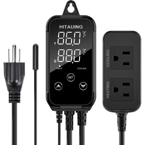 HiTauing Digital Temperature Controller, Aquarium Heater Reptile Thermostat Heating and Cooling Dual Outlet with Seawater-Resistant Probe for Fish Tanks, Reptile Tanks, Greenhouse & Seedling Mat in Kuwait