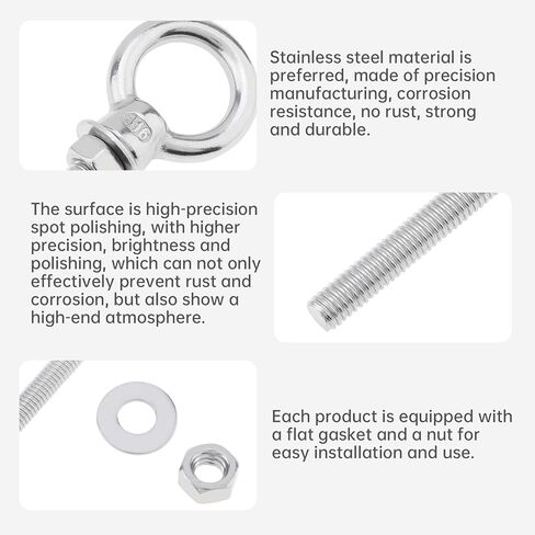 5 Pack M6 Eye Bolt, 1/4"x 2.4" 316 Stainless Steel Marine Grade Threaded Eyebolts, Lifting Ring Threaded Eyebolts with Nuts Washers, Shoulder Eye Bolt in Saudi Arabia