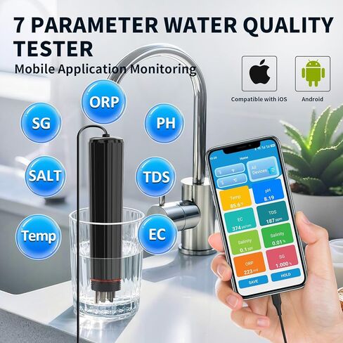 جهاز اختبار المياه الذكي بتقنية البلوتوث 7 في 1 من كاكتيلي، جهاز رقمي محمول لدرجة الحموضة/TDS/EC/ORP/درجة الحرارة/الملح/SG مع تنبيه التطبيق، مثالي لحمام السباحة/حوض السمك/الزراعة المائية/البركة in Kuwait