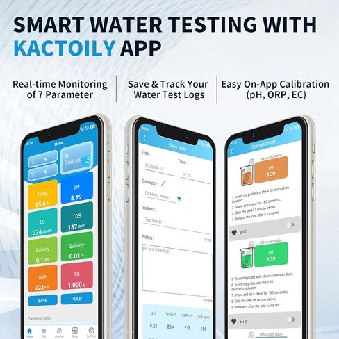 جهاز اختبار المياه الذكي بتقنية البلوتوث 7 في 1 من كاكتيلي، جهاز رقمي محمول لدرجة الحموضة/TDS/EC/ORP/درجة الحرارة/الملح/SG مع تنبيه التطبيق، مثالي لحمام السباحة/حوض السمك/الزراعة المائية/البركة in Kuwait