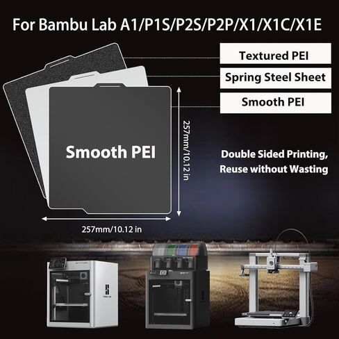 لوحة بناء PEI سوداء مزدوجة الجوانب لمختبر Bambu P2S/X1/X1C/X1E/P1P/P1S/A1، لوحة فولاذية زنبركية PEI ناعمة + مزخرفة PEI منصة مرنة 257 × 257 مم لطابعات Bambu Labs ثلاثية الأبعاد in Kuwait