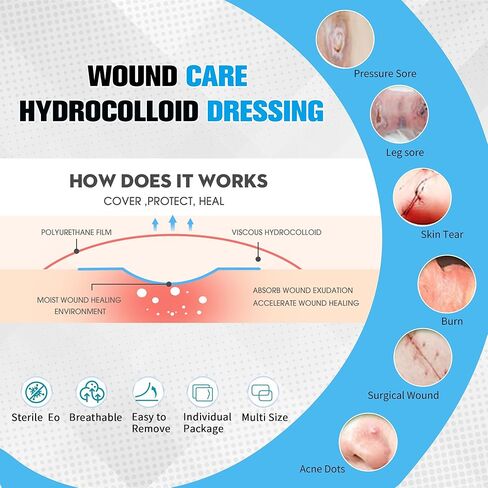 10 Pack Hydrocolloid Wound Dressing 4x4 Inch, Ultra Thin Patch Bandage with Self-Adhesive, Waterproof Wound Dressing for Bed Sore, Minor Burn, Cut, Abrasions,Blister and Acne Care in Kuwait