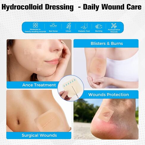 10 Pack Hydrocolloid Wound Dressing 4x4 Inch, Ultra Thin Patch Bandage with Self-Adhesive, Waterproof Wound Dressing for Bed Sore, Minor Burn, Cut, Abrasions,Blister and Acne Care in Kuwait