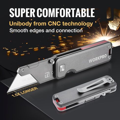 WORKPRO Premium Titanium Utility Knife, CNC Unibody, Lightweight Aluminium Handle Folding Box Cutter, Quick Change Blade Razor Knife,Ideal Gifts for Men Women, with 10 Extra Blades in Saudi Arabia