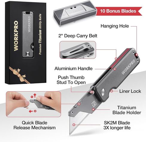 WORKPRO Premium Titanium Utility Knife, CNC Unibody, Lightweight Aluminium Handle Folding Box Cutter, Quick Change Blade Razor Knife,Ideal Gifts for Men Women, with 10 Extra Blades in Saudi Arabia