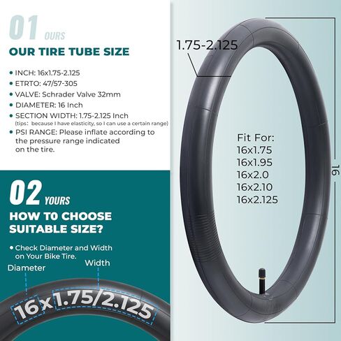 قطعتان، أنابيب دراجة ممتازة 16X1.75/1.90/1.95/2.0/2.10/2.125، متوافقة مع إطارات الدراجة 16x1.75 إلى 2.125، مع صمام شريدر 32 مم، مطاط البوتيل، تستخدم لدراجات الأطفال الجبلية والطراد والمدينة والطرق in Kuwait