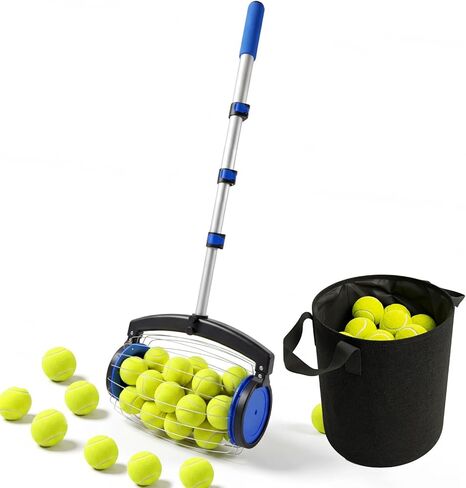 منتقي كرات التنس من زوزين مع حقيبة تخزين، أسطوانة التقاط سريعة لا تنحني، مقبض تلسكوبي قابل للتعديل، يحمل ما يصل إلى 28 كرة تنس، جامع خفيف الوزن ومحمول للتنس/كرة المخلل/البيسبول in Kuwait