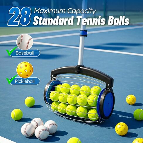 منتقي كرات التنس من زوزين مع حقيبة تخزين، أسطوانة التقاط سريعة لا تنحني، مقبض تلسكوبي قابل للتعديل، يحمل ما يصل إلى 28 كرة تنس، جامع خفيف الوزن ومحمول للتنس/كرة المخلل/البيسبول in Kuwait