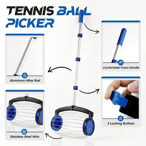 منتقي كرات التنس من زوزين مع حقيبة تخزين، أسطوانة التقاط سريعة لا تنحني، مقبض تلسكوبي قابل للتعديل، يحمل ما يصل إلى 28 كرة تنس، جامع خفيف الوزن ومحمول للتنس/كرة المخلل/البيسبول in Kuwait