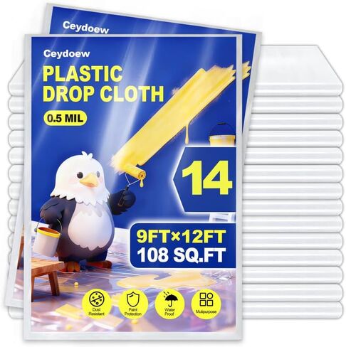 6 Pack Premium Plastic Drop Cloths for Painting 9x12ft, Waterproof & Dust-Proof Painters Plastic Drop Cloth, Disposable Plastic Paint Tarp for Home Renovations & DIY Projects in Saudi Arabia